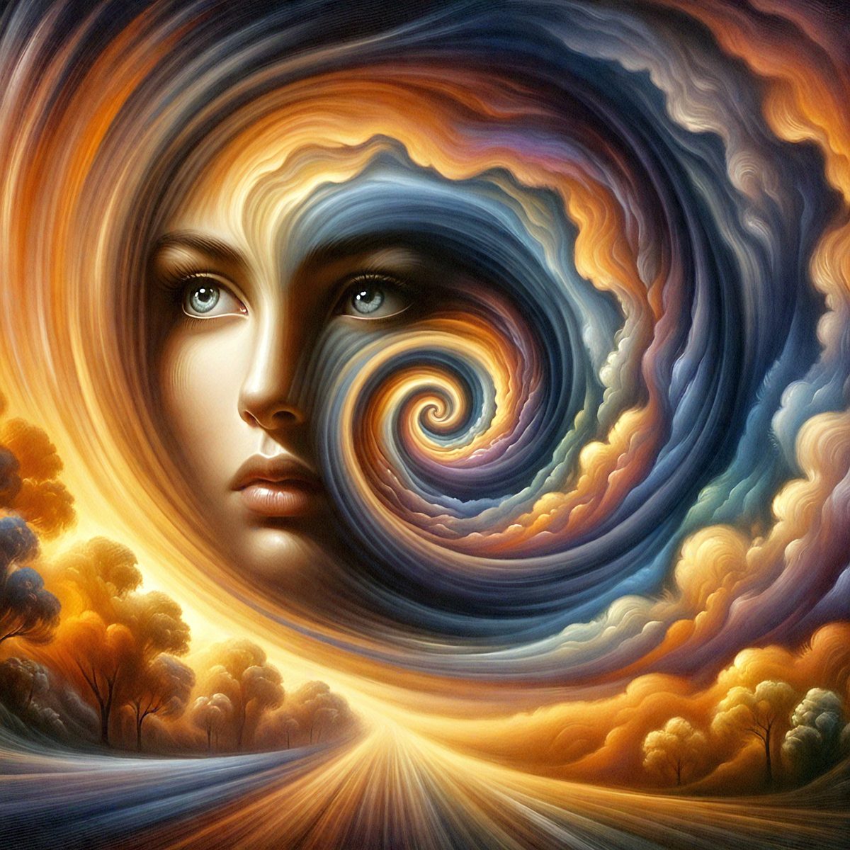 The primary subject of the image is a woman's face, which is the main focus of the scene. The setting is a colorful, swirling background that adds a vibrant and dynamic atmosphere to the image. The visual style is a combination of digital art and illustration, creating a unique and eye-catching piece of art. The colors and mood of the image are predominantly warm and lively, with the woman's face being the central point of interest.